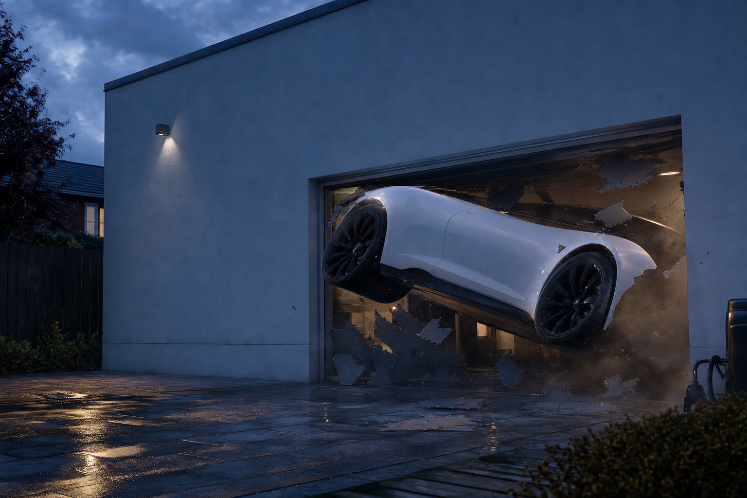The white car bursting out through a closed garage door at dusk