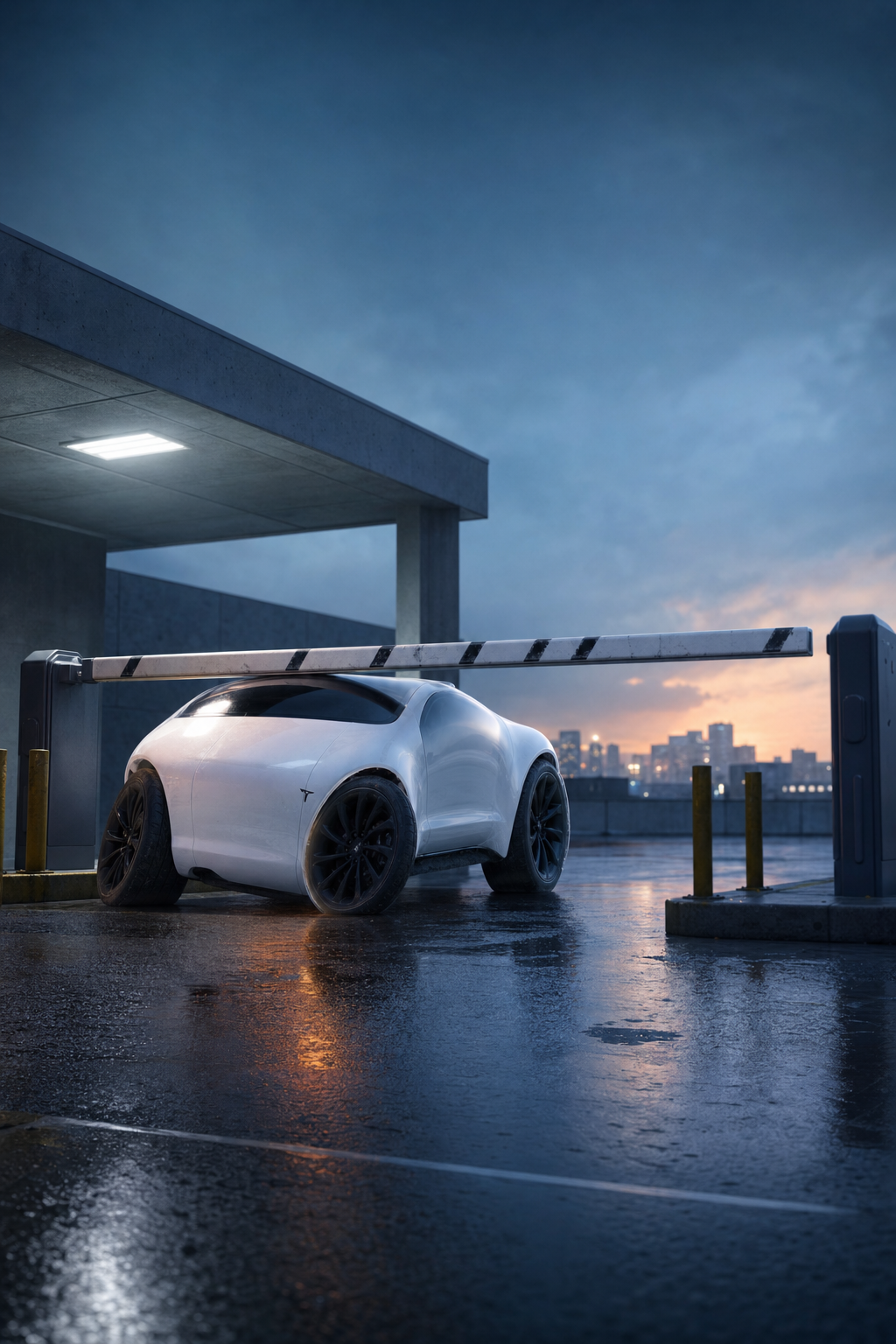 The white car wedged under a striped parking barrier on a wet lot at sunset