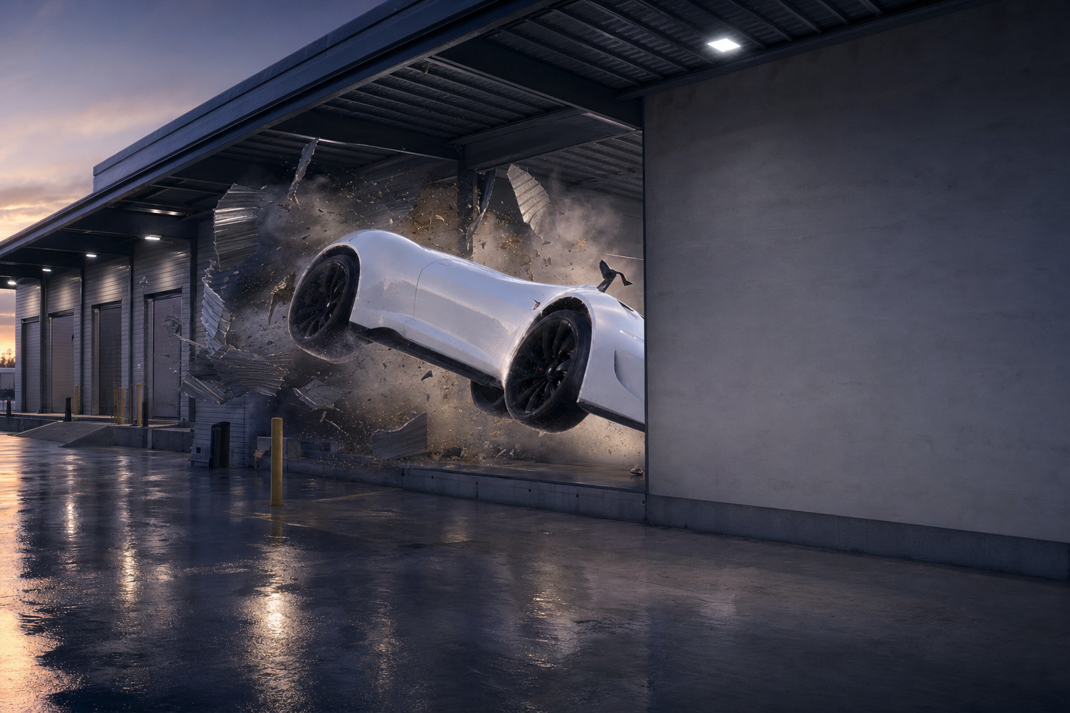 The white car smashing through a warehouse loading dock wall